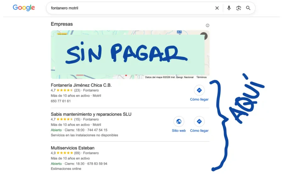 Resultados de búsqueda de negocios de fontanería en Motril a través de Google