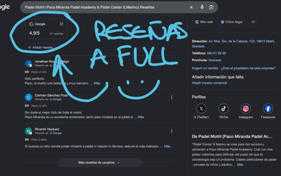 Reseñas positivas recientes en negocio de pádel en motril